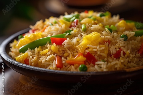 Highly detailed close-up photography of a juicy fried rice on a slate plate against a bamboo background. With generative AI technology