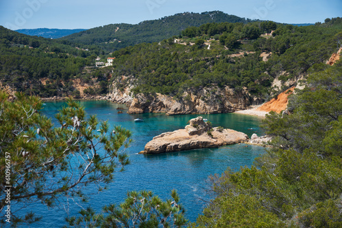 Galley rock or Submarine rock. View from hiking path near Calanque de Port d'Alon (between Saint-Cyr-sur-Mer and Bandol), France. Spectacular seaside landscape. Nature travel background.