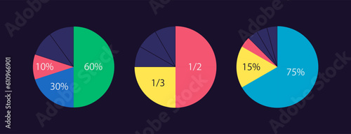 Financial crisis circle infographic design template set for dark theme. Financial analytics and forecast. Editable pie charts with sectors. Visual data presentation. Myriad Pro-Regular font used