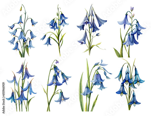 Watercolor bluebell set. Generative Ai photo