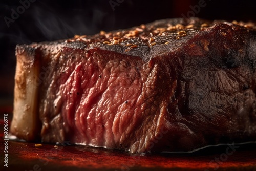 Detailed close-up photography of a juicy argentine asado on a ceramic tile against a velvet background. With generative AI technology