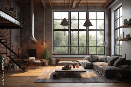 Living room in Loft in Contemporary design style typically includes clean  crisp lines  simple color palettes  and uses metal  glass  and steel. Architecture and Real estate  AI generative