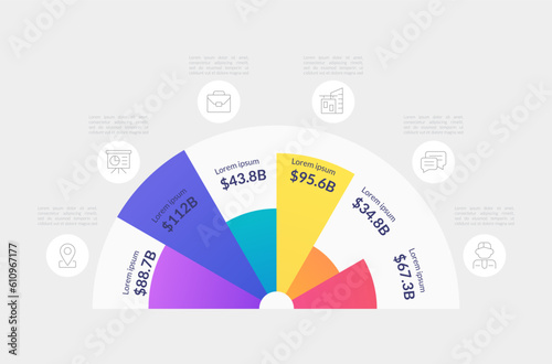 Business fields average income semicircle infographic design template. Annual report. Editable semi circle chart with sectors and numbers. Visual data presentation. Myriad-Pro, Lato fonts used