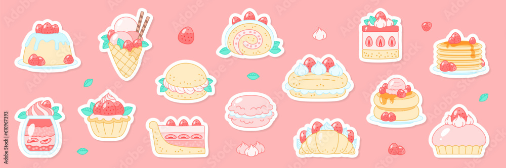 Set of strawberry dessert stickers. Cute cartoon illustration of summer berry desserts like pancakes, macaroon, croissant, ice cream, panna cotta etc.. Vector 10 EPS. Set of strawberry dessert stickers. Cute cartoon illustration of summer berry desserts like pancakes, macaroon, croissant, ice cream, panna cotta etc.. Vector 10 EPS.
