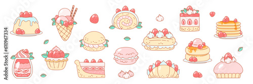 Set of strawberry desserts. Flat cartoon illustration of summer berry desserts like pancakes, macaroon, croissant, ice cream, panna cotta etc. isolated on a white background. Vector 10 EPS.