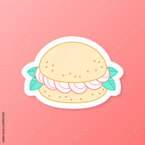 Strawberry dessert sticker. Flat cartoon illustration of a profiterole with cream. Vector 10 EPS.
