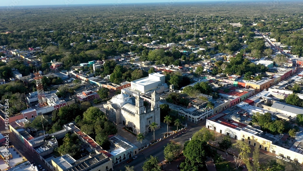 High aerial of the Cathedral de San Gervasio in early morning in Valladolid, Yucatan, Mexico.