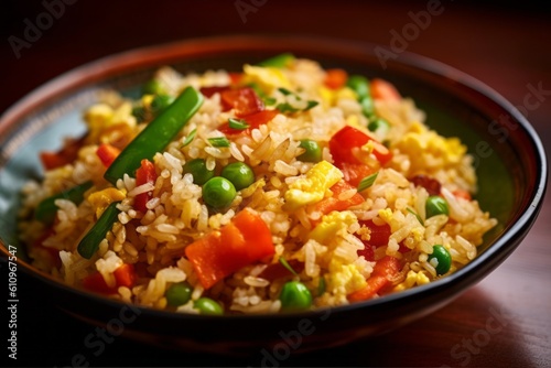 Highly detailed close-up photography of a juicy fried rice on a plastic tray against a vintage wallpaper background. With generative AI technology
