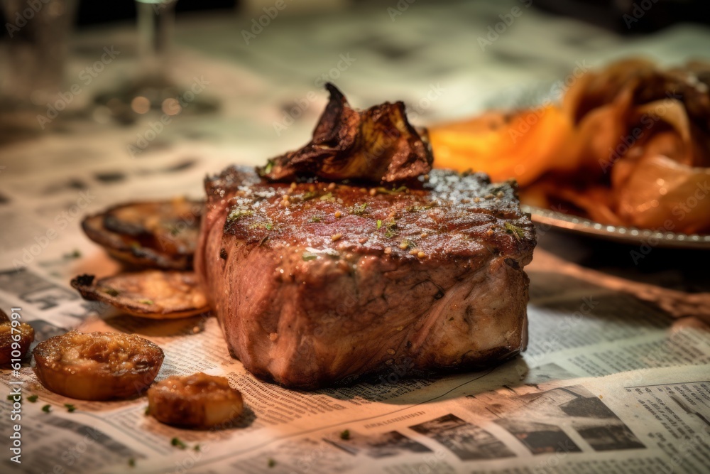 Highly detailed close-up photography of an hearty argentine asado on a ceramic tile against a newspaper or magazine background. With generative AI technology