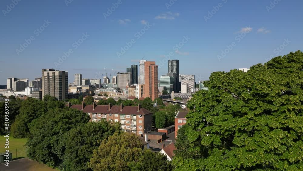 Wide generic aerial reveal of Croydon town centre in London Wide generic aerial reveal of Croydon town centre in London