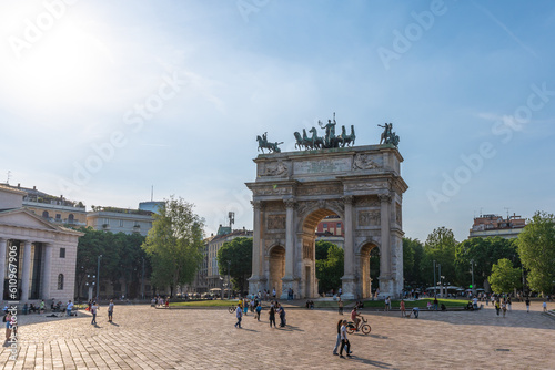 Milan, Italy - May 06 2023: Milan city gate Porta Sempione in sunny weather
