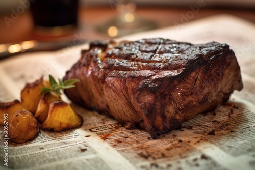 Highly detailed close-up photography of an hearty argentine asado on a ceramic tile against a newspaper or magazine background. With generative AI technology