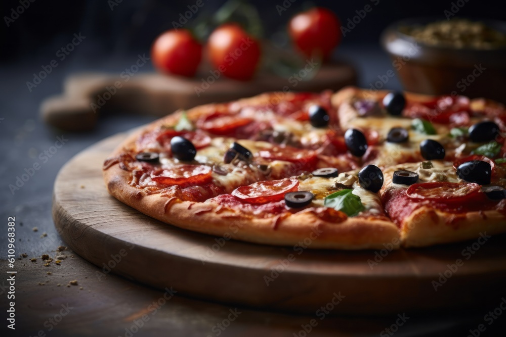 Conceptual close-up photography of a tempting pizza on a wooden board against a polished cement background. With generative AI technology Conceptual close-up photography of a tempting pizza on a wooden board against a polished cement background. With generative AI technology