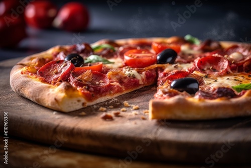 Conceptual close-up photography of a tempting pizza on a wooden board against a polished cement background. With generative AI technology