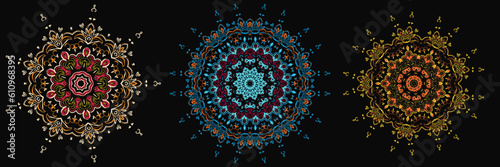 Set of 3 round mandala design in different color themes fordecoration in vintage style on black background. For prints, clothing, t-shirt, holiday goods vector illustrations