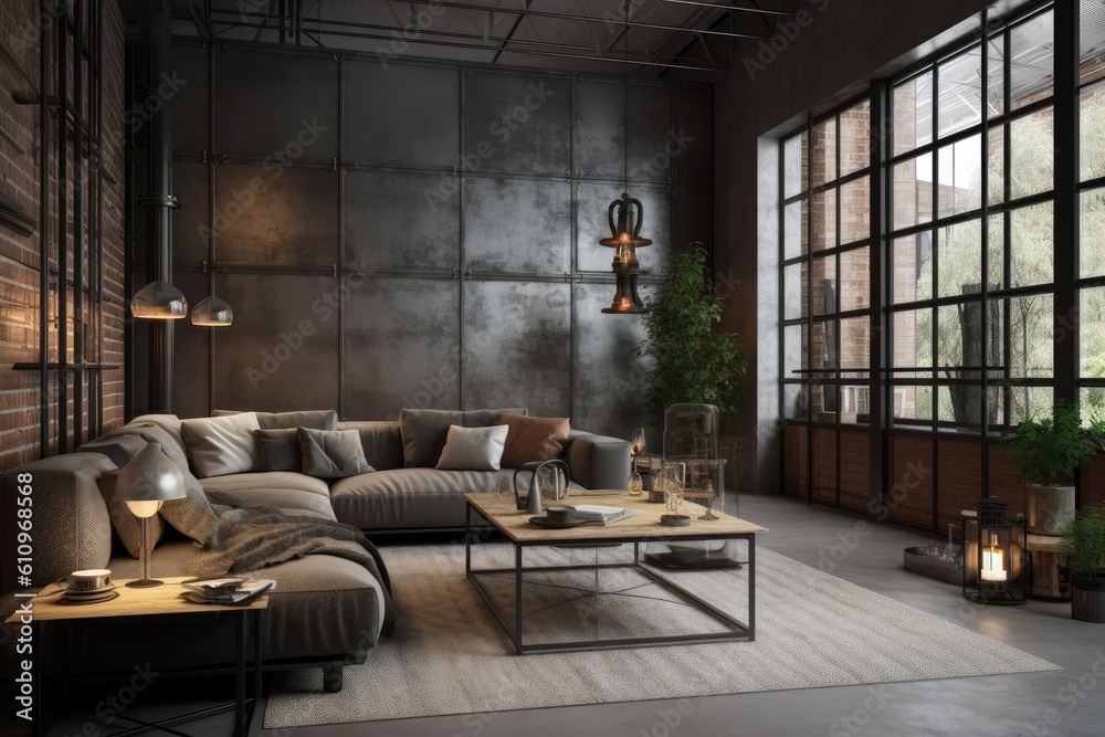 Living room interior in Loft, industrial style design. Architecture and Real estate, AI generative Living room interior in Loft, industrial style design. Architecture and Real estate, AI generative