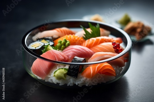 Highly detailed close-up photography of a tempting sushi in a glass bowl against a polished cement background. With generative AI technology