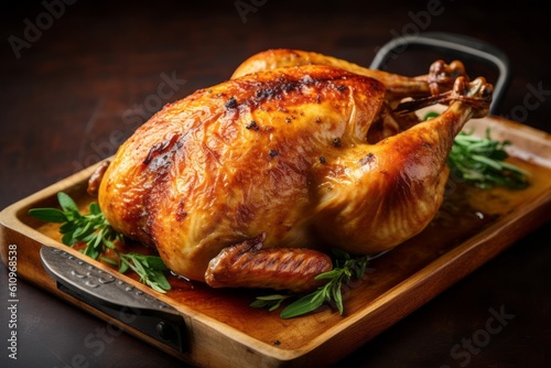 Detailed close-up photography of a juicy roast chicken on a wooden board against a polished cement background. With generative AI technology