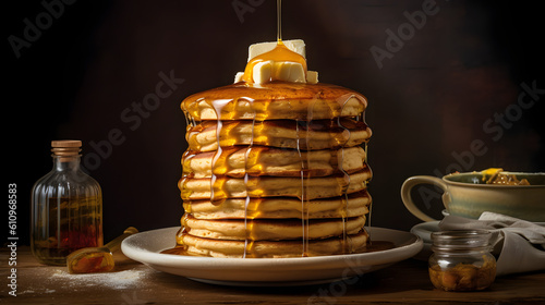Towering stack of pancakes covered in maple syrup and butter, delicious food