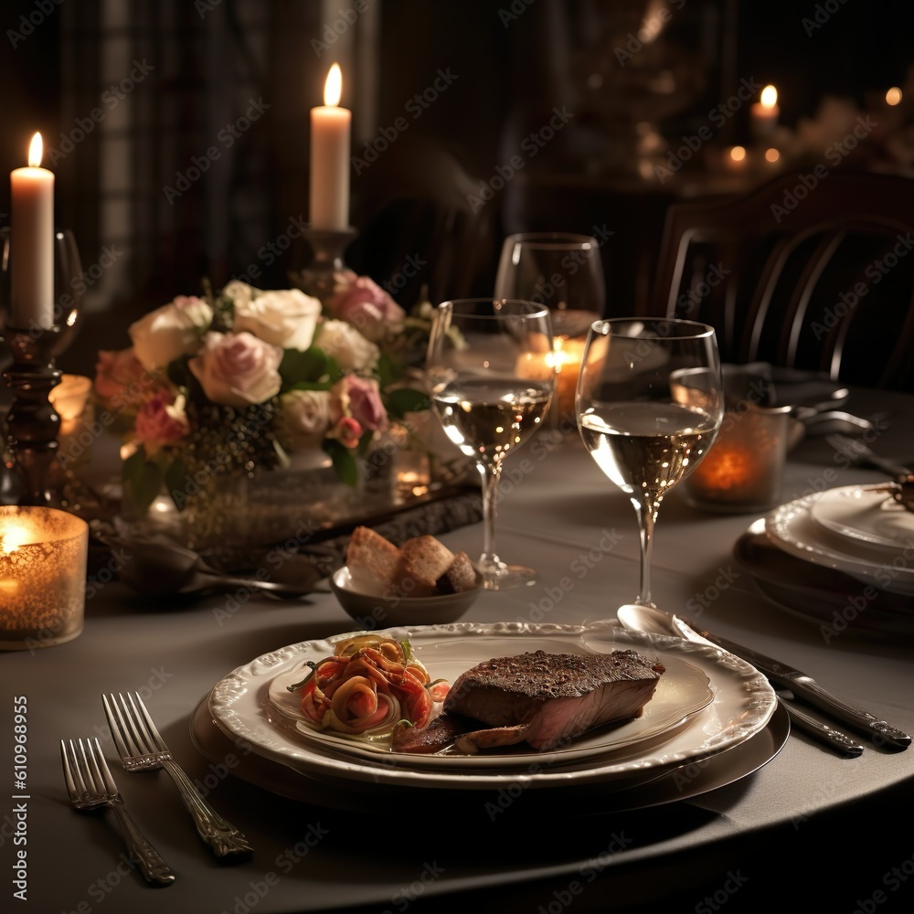 Luxurious dinner table setting with wine, fillet and candlelight. Ai generated Luxurious dinner table setting with wine, fillet and candlelight. Ai generated