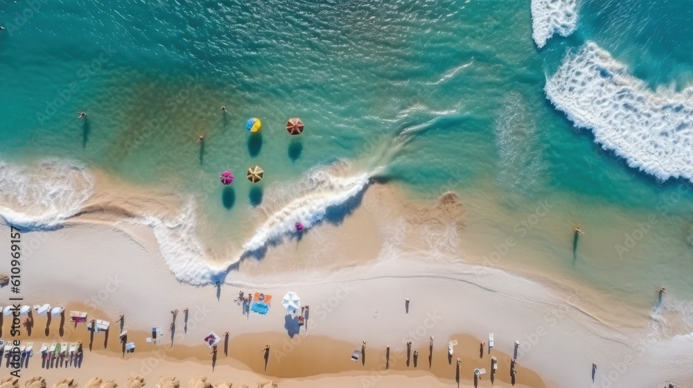Top view of the sandy seashore with a foaming wave, vacationing people on the seashore. Summer vacation and relaxation by the sea. Generative AI