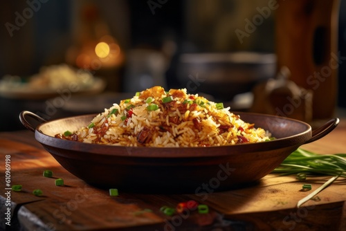 Macro view photography of an exquisite fried rice on a wooden board against a rusted iron background. With generative AI technology