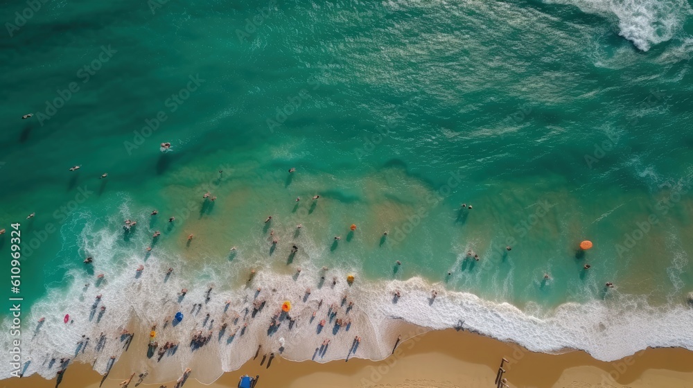 Top view of the sandy seashore with a foaming wave, vacationing people on the seashore. Summer vacation and relaxation by the sea. Generative AI