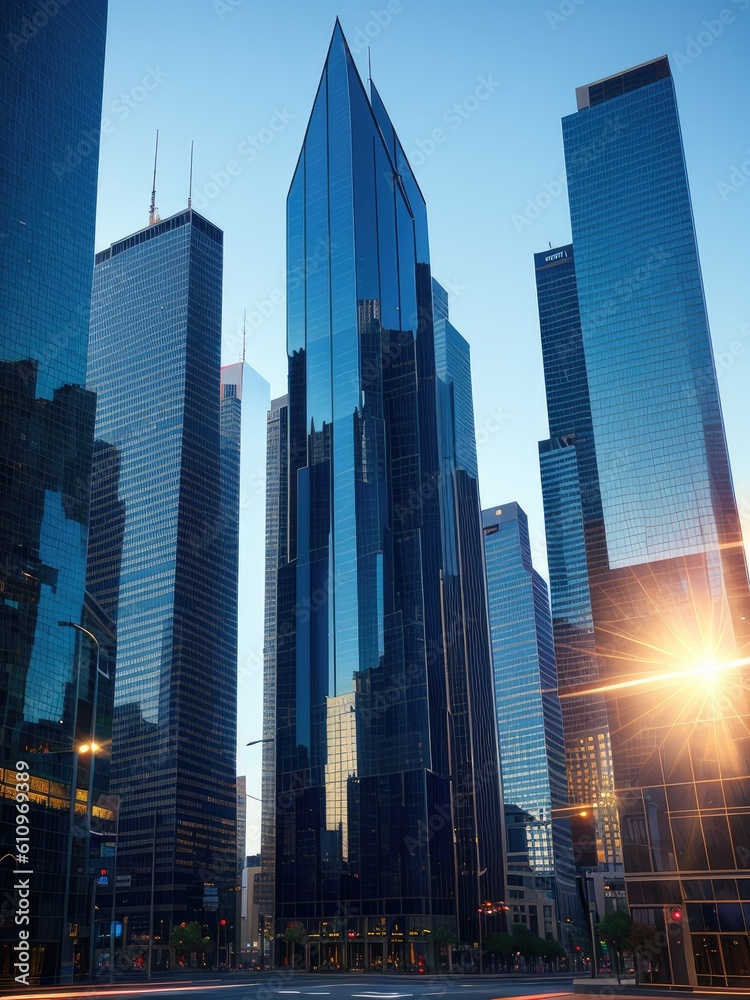 Obraz premium Glass skyscrapers in a big city. Generative by AI