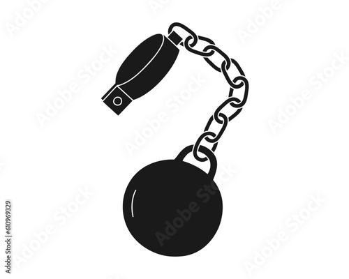 Hand drawn cute illustration of shackle with iron ball with chain. Flat vector slavery or habit symbol in doodle style. Mental health, crisis, depression sticker, icon. Isolated on white background.