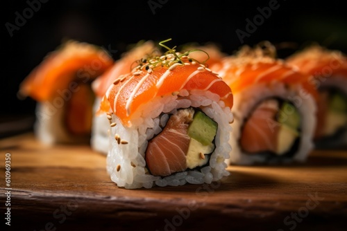 Fotografia Macro detail close-up photography of a juicy sushi on a wooden board against a rusted iron background