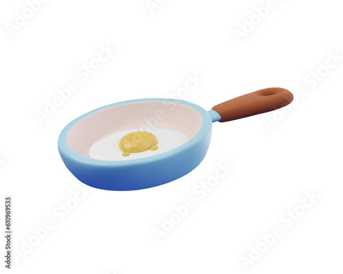 3d render cartoon frying pan with fried egg.