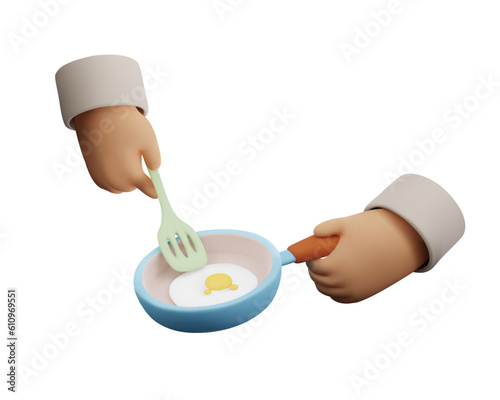 3d render of a cartoon hand holding a frying pan with a fried egg. A hand holds a scapula