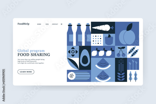 Geometric food landing page. Organic fresh fruit vegetable icons, eco farm plants, food crisis and healthy lifestyle concept. Vector illustration