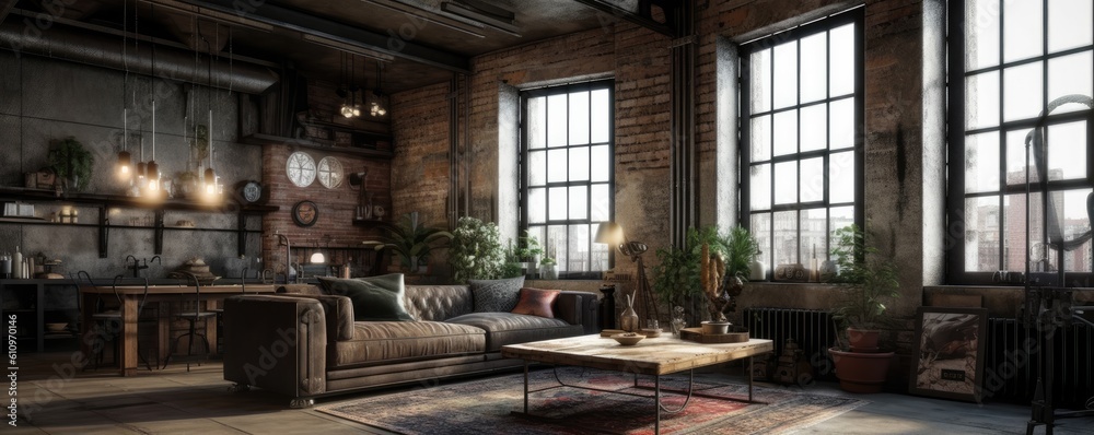 Banner - Living room interior in Loft, industrial style design. Architecture and Real estate, AI generative