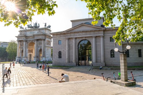 Milan, Italy - May 06 2023: Milan city gate Porta Sempione in sunny weather photo