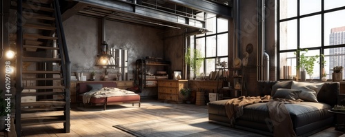 Banner - Living room interior in Loft  industrial style design. Architecture and Real estate  AI generative
