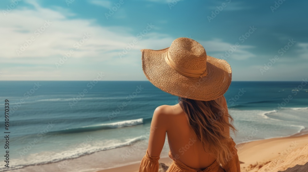 A young woman in a hat is sitting on the sandy seashore, a view from the back. The sea sand coast. Summer vacation and relaxation at the sea. Generative AI