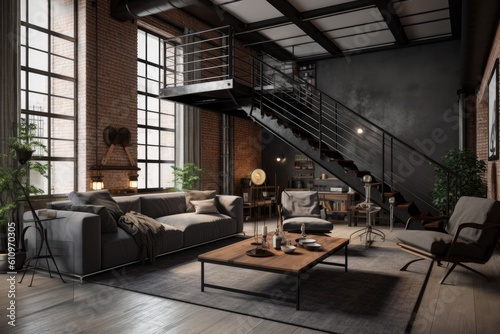 Living room interior in Loft, industrial style design. Architecture and Real estate, AI generative