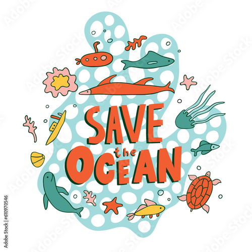 Save Ocean ecosystem flat concept vector illustration