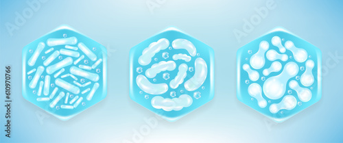 Probiotic and Hyaluronic acid skin solutions ad, blue collagen, and vitamin serum drop with cosmetic advertising background ready to use illustration vector.