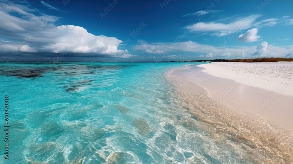 Obraz premium Empty sea coast with white sand and wave. The shore of paradise Island. Summer vacation at the sea. Generative AI