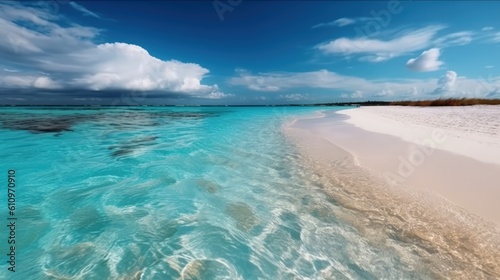 Empty sea coast with white sand and wave. The shore of paradise Island. Summer vacation at the sea. Generative AI