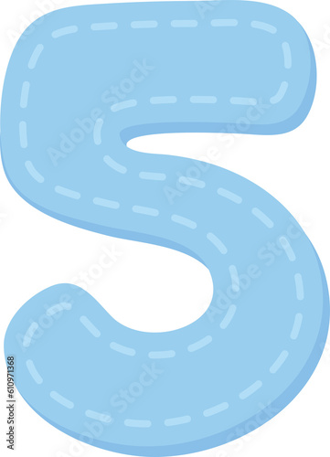 Cute pastel stitched number cartoon illustration for kids. Blue number five.