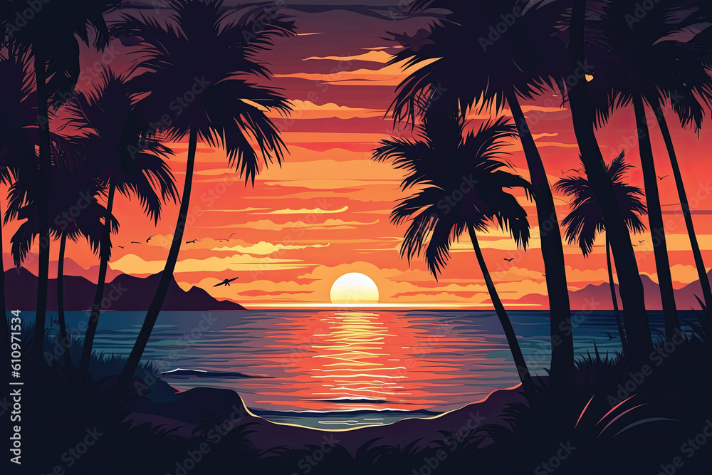 Beautiful sunset over the sea illustration in flat style