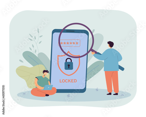 Tiny man examining password on phone screen with magnifier. Digital data protection, prevention of security breach, man working on laptop vector illustration. Cybersecurity, technology, safety concept