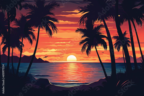 Beautiful sunset over the sea illustration in flat style © Larva Head