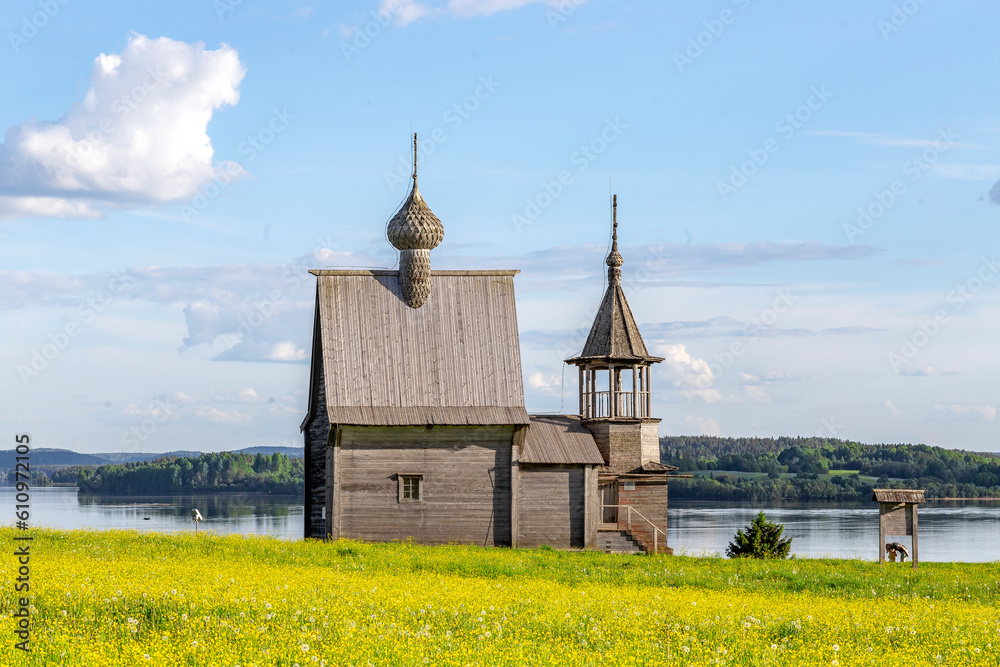 Russian Traditional Wooden Church (Chapel) Of St.Nicholas On The Top Of Hill In The Vershinino Village. Kenozero Lake,Kenozersky National Park.