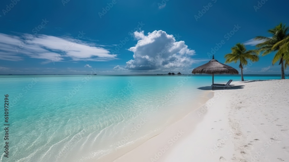 Beach lounger and umbrella on the white sand by the beautiful sea. Exotic palm tree on the sand. White clouds in the sky. Summer vacation and relaxation at the sea. Generative AI