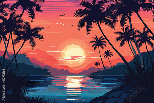 Beautiful sunset over the sea illustration in flat style