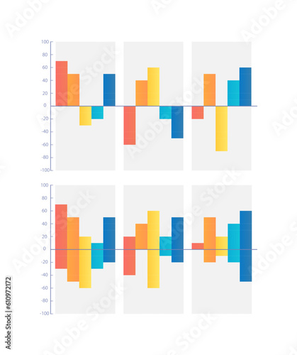 Ups and downs infographic chart design template set. Positive and negative results. Financial performance. Visual data presentation. Editable bar graphs collection. Myriad Pro-Bold, Regular fonts used